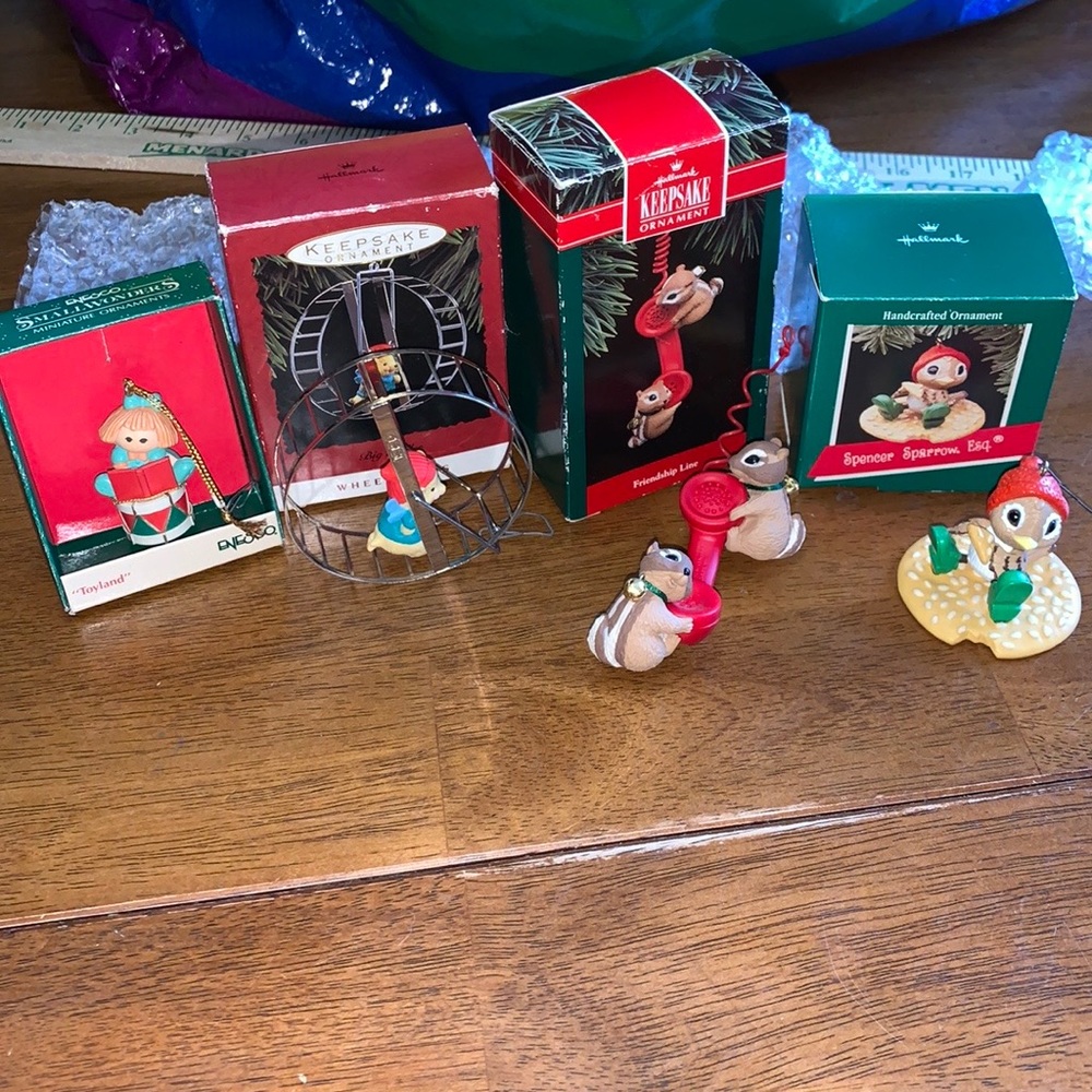 3 Hallmark Keepsake Ornaments and 1 enesco- Vintage 1989 1992 1993